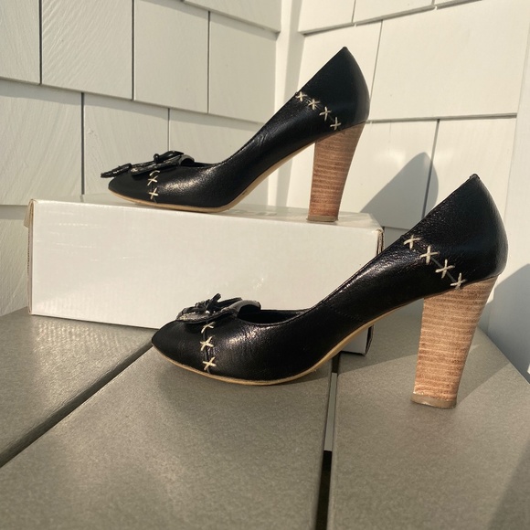 Juno New York loafer block heels peep toe black cream 8 - Picture 9 of 12